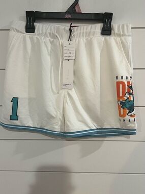 White Kids Athletic Shorts with Blue Trim and Graphic